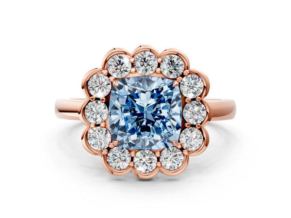 Rose gold Fancy Blue Cushion  Halo Cluster Diamond Engagement Ring with Solitaire Band and Prong Setting