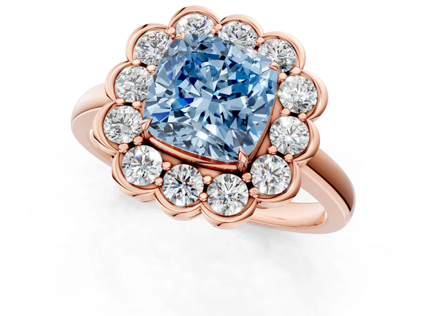 Rose gold Fancy Blue Cushion  Halo Cluster Diamond Engagement Ring with Solitaire Band and Prong Setting