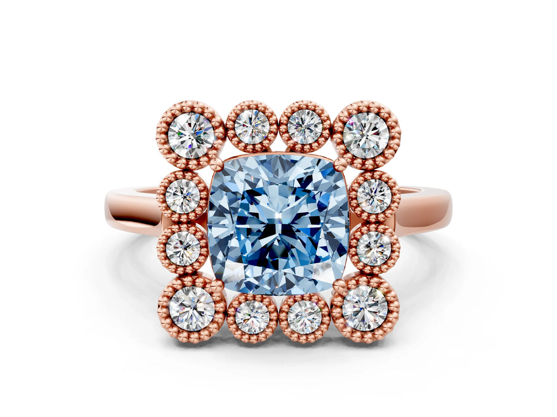 Rose gold Fancy Blue Cushion  Halo Diamond Cluster Engagement Ring with Milgrain Bezel Setting and Solitaire Band_27