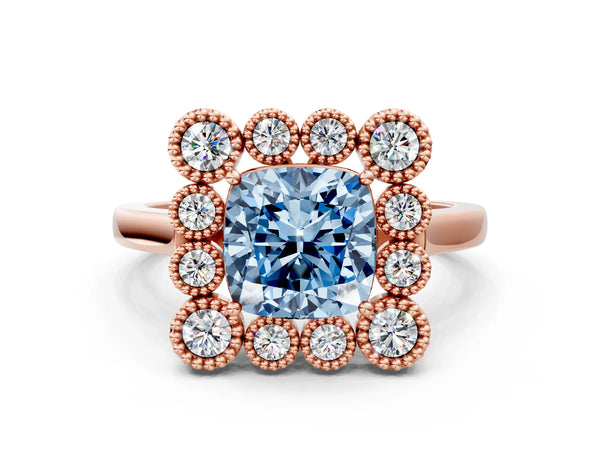 Rose gold Fancy Blue Cushion  Halo Diamond Cluster Engagement Ring with Milgrain Bezel Setting and Solitaire Band