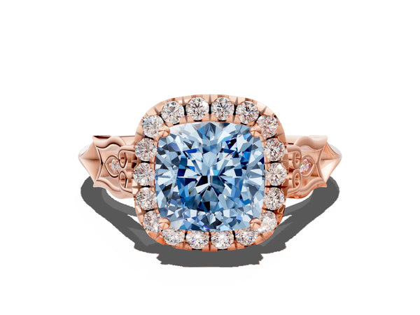 Rose gold Fancy Blue Cushion  Halo Diamond Engagement Ring with Filigree Band and Four-Prong Setting