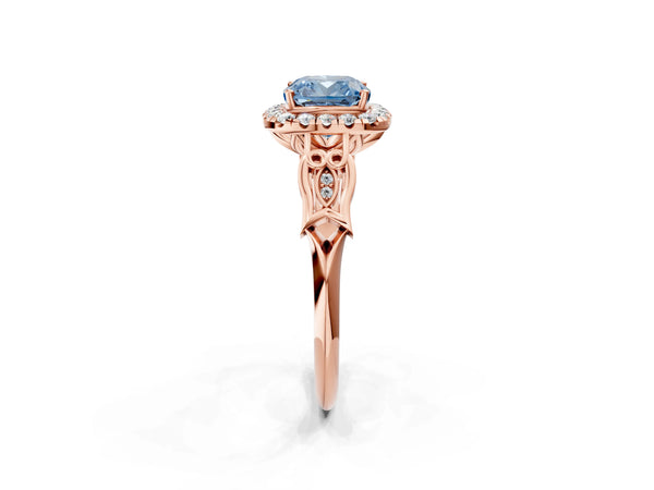Rose gold Fancy Blue Cushion  Halo Diamond Engagement Ring with Filigree Band and Four-Prong Setting