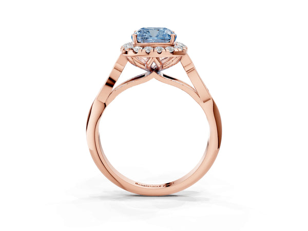 Rose gold Fancy Blue Cushion  Halo Diamond Engagement Ring with Filigree Band and Four-Prong Setting