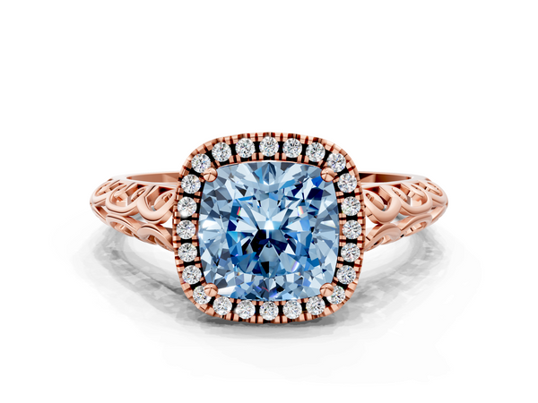 Rose gold Fancy Blue Cushion  Halo Diamond Engagement Ring with Intricate Filigree Band and Four-Prong Setting