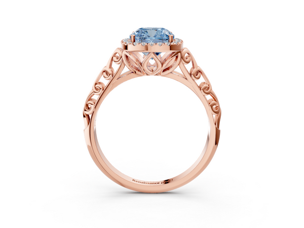 Rose gold Fancy Blue Cushion  Halo Diamond Engagement Ring with Intricate Filigree Band and Four-Prong Setting
