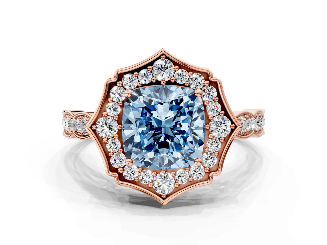 Rose gold Fancy Blue Cushion  Halo Diamond Engagement Ring with Milgrain Band and Four-Prong Setting_54