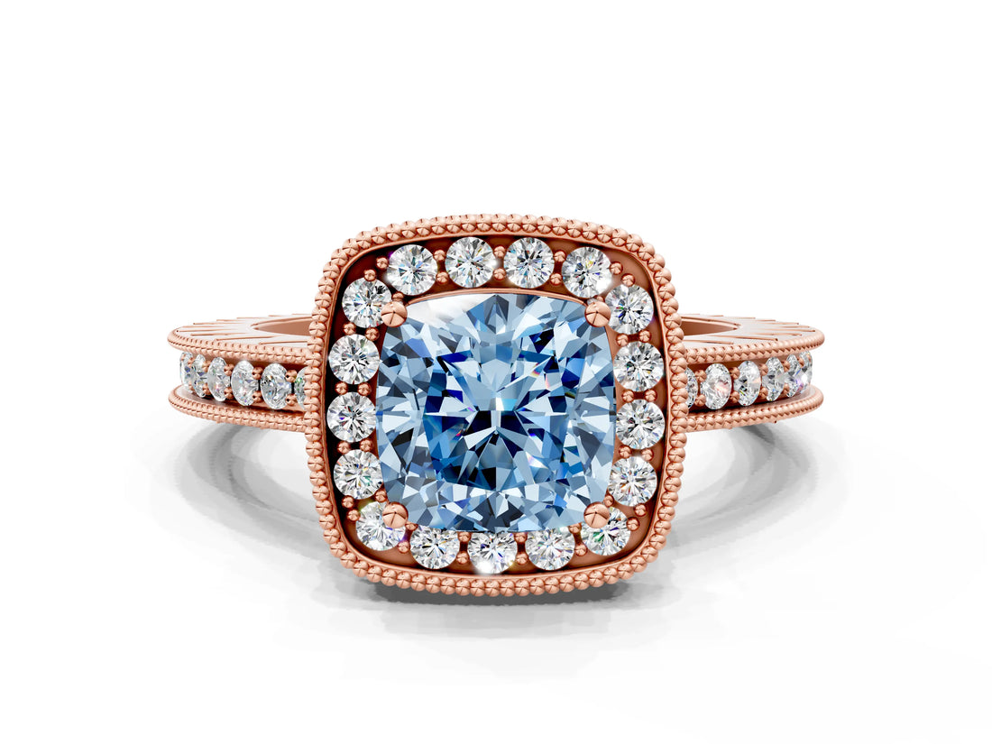 Rose gold Fancy Blue Cushion  Halo Diamond Engagement Ring with Milgrain Pave Band and Four-Prong Setting_41