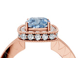Rose gold Fancy Blue Cushion  Halo Diamond Engagement Ring with Milgrain Pave Band and Four-Prong Setting_45