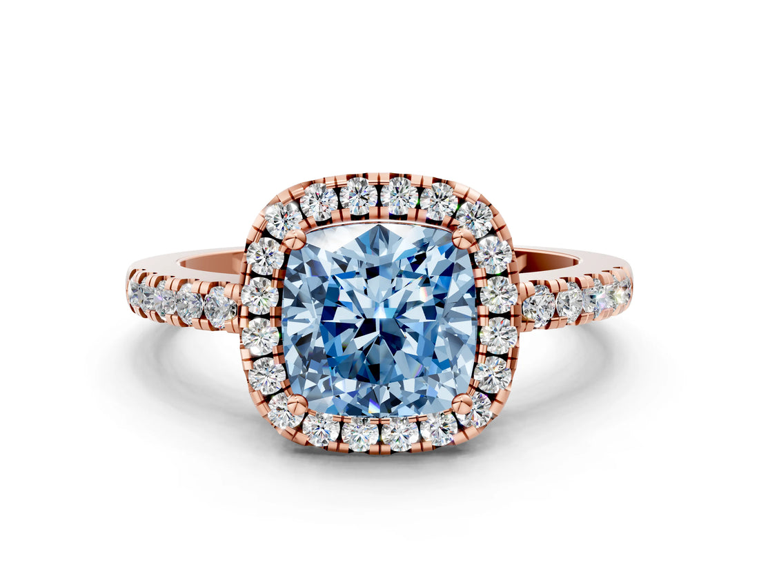 Rose gold Fancy Blue Cushion  Halo Diamond Engagement Ring with Pavé Band and Four-Prong Setting_20