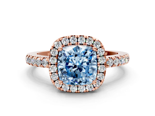 Rose gold Fancy Blue Cushion  Halo Diamond Engagement Ring with Pavé Band and Four-Prong Setting