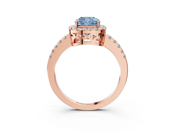 Rose gold Fancy Blue Cushion  Halo Diamond Engagement Ring with Pavé Band and Four-Prong Setting