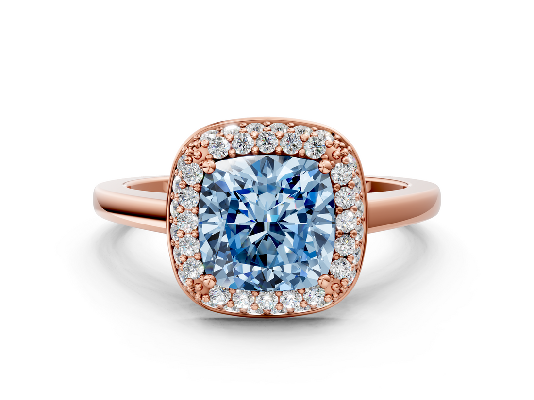 Rose gold Fancy Blue Cushion  Halo Diamond Engagement Ring with Solitaire Band and Four-Prong Setting_20