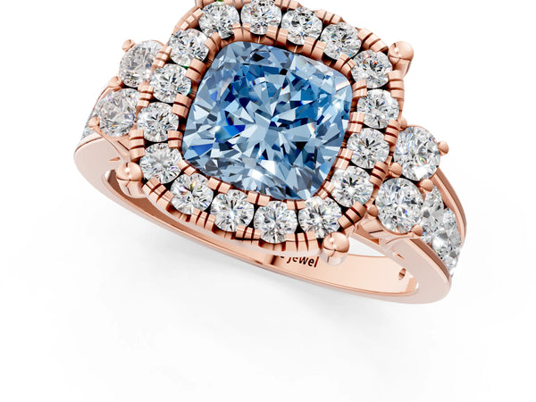 Rose gold Fancy Blue Cushion  Halo Diamond Engagement Ring with Split Shank and Four-Prong Setting