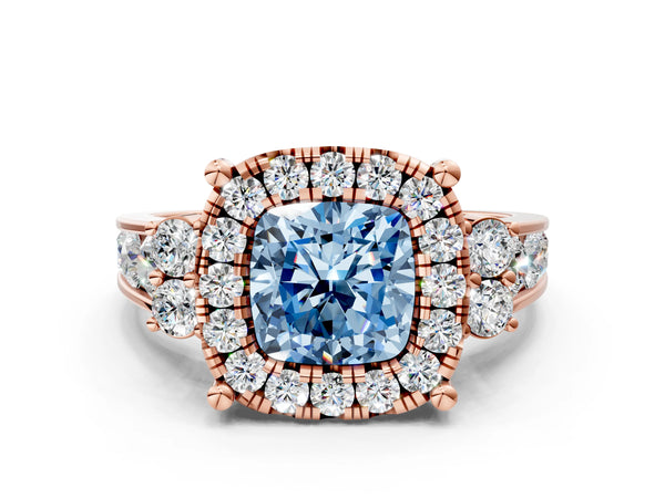 Rose gold Fancy Blue Cushion  Halo Diamond Engagement Ring with Split Shank and Four-Prong Setting