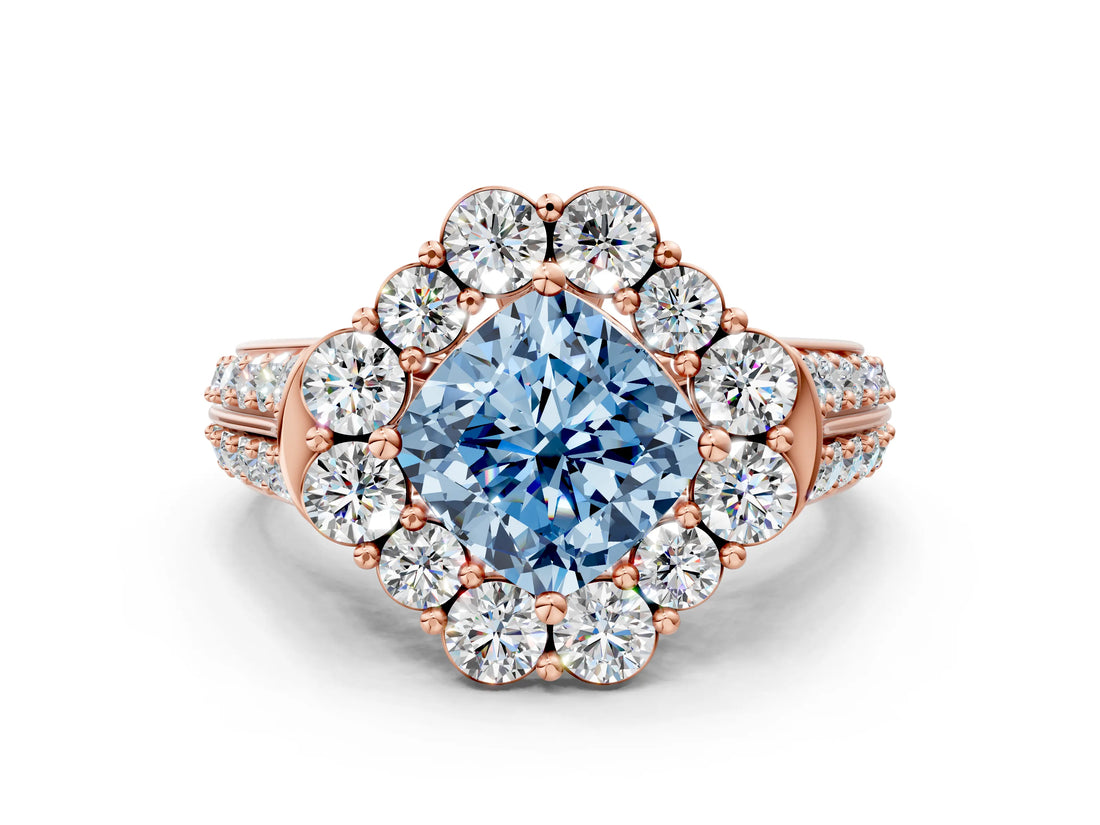 Rose gold Fancy Blue Cushion  Halo Diamond Engagement Ring with Split Shank and Prong Setting_66