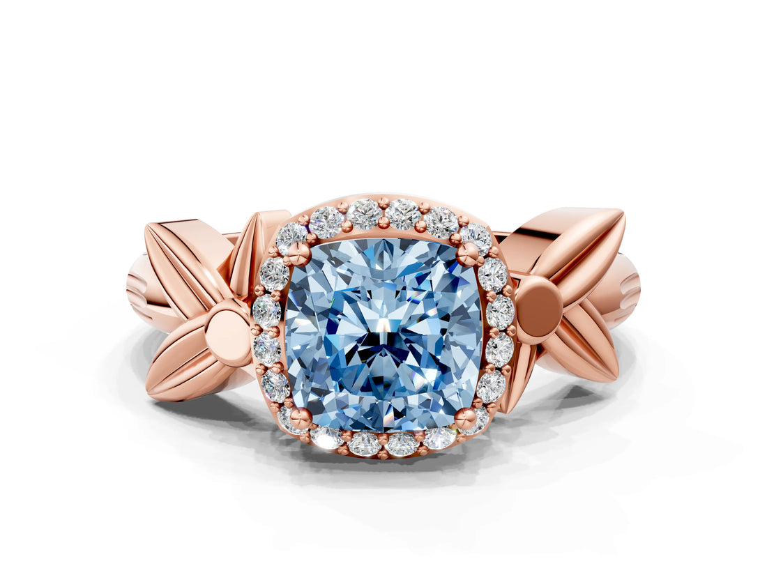 Rose gold Fancy Blue Cushion  Halo Diamond Floral Band with Four-Prong Setting_55