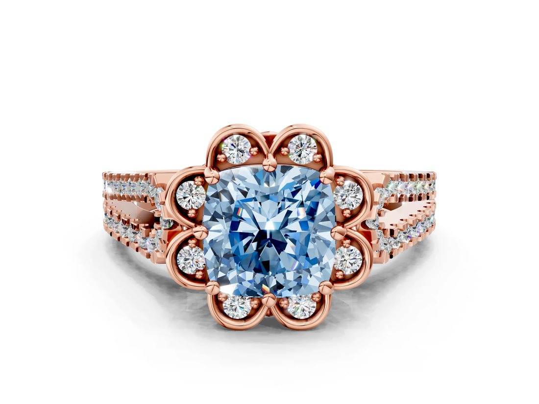 Rose gold Fancy Blue Cushion  Halo Diamond Floral Split Shank Engagement Ring
