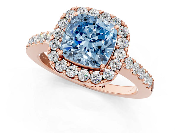Rose gold Fancy Blue Cushion  Halo Diamond Pavé Solitaire Ring
