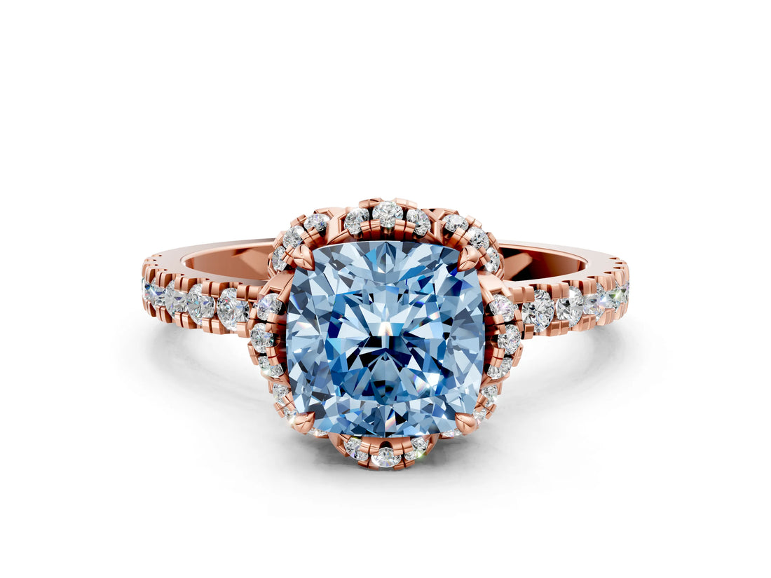 Rose gold Fancy Blue Cushion  Halo Diamond Pave Band Ring with Four-Prong Setting_15