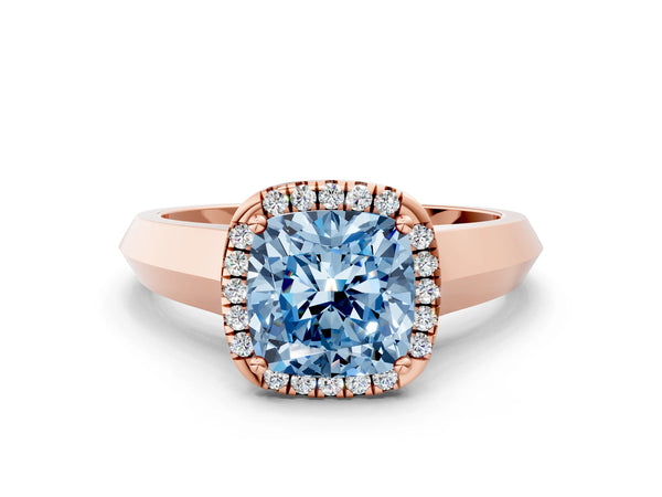 Rose gold Fancy Blue Cushion  Halo Diamond Ring with Cathedral Band and Four-Prong Setting