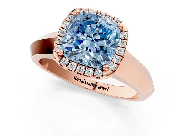 Rose gold Fancy Blue Cushion  Halo Diamond Ring with Cathedral Band and Four-Prong Setting