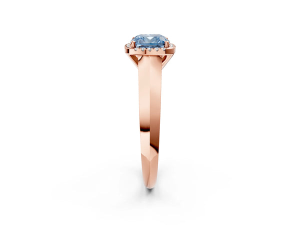 Rose gold Fancy Blue Cushion  Halo Diamond Ring with Cathedral Band and Four-Prong Setting