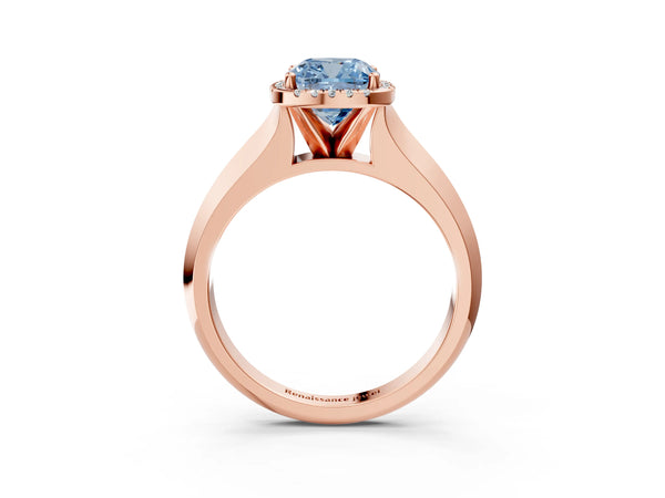 Rose gold Fancy Blue Cushion  Halo Diamond Ring with Cathedral Band and Four-Prong Setting
