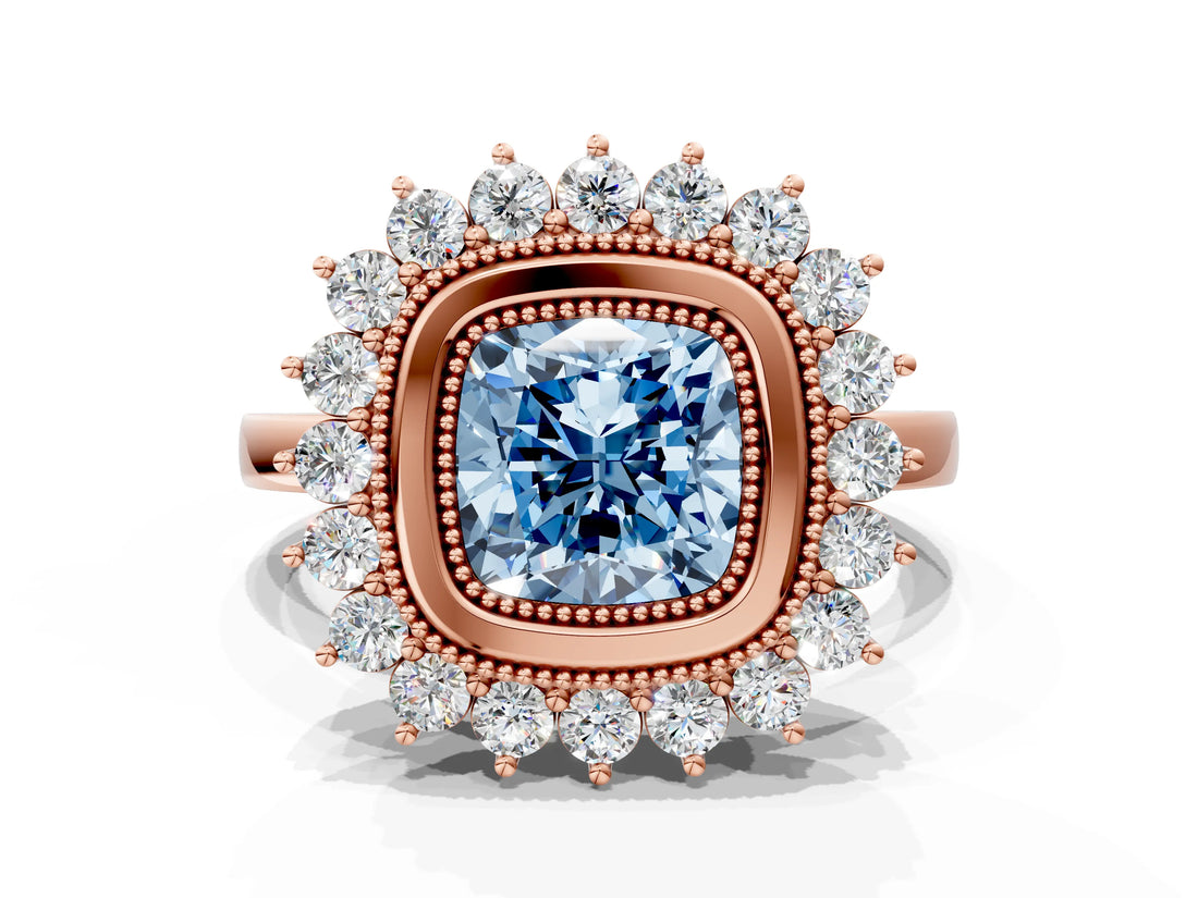 Rose gold Fancy Blue Cushion  Halo Diamond Ring with Milgrain Edge and Round Prong Setting_27