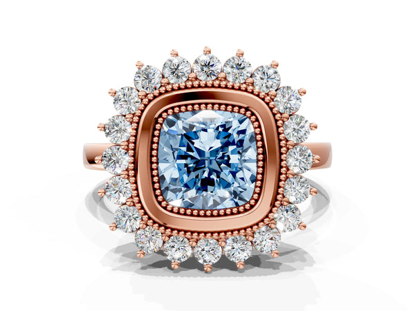 Rose gold Fancy Blue Cushion  Halo Diamond Ring with Milgrain Edge and Round Prong Setting