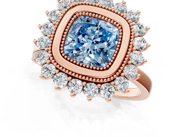 Rose gold Fancy Blue Cushion  Halo Diamond Ring with Milgrain Edge and Round Prong Setting