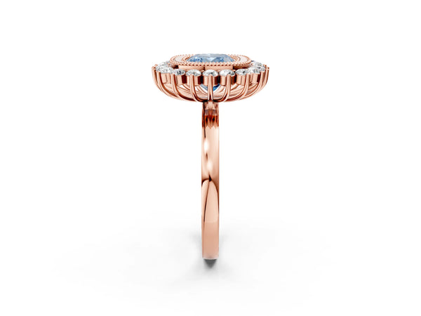 Rose gold Fancy Blue Cushion  Halo Diamond Ring with Milgrain Edge and Round Prong Setting
