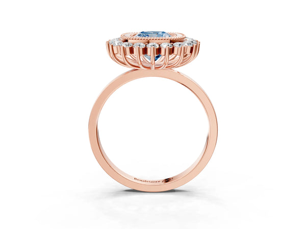 Rose gold Fancy Blue Cushion  Halo Diamond Ring with Milgrain Edge and Round Prong Setting