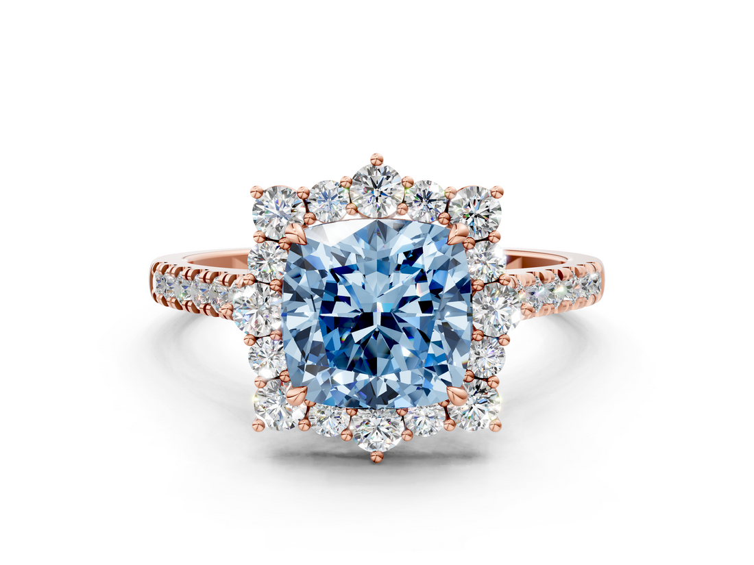 Rose gold Fancy Blue Cushion  Halo Diamond Ring with Pavé Band and Prong Setting_37