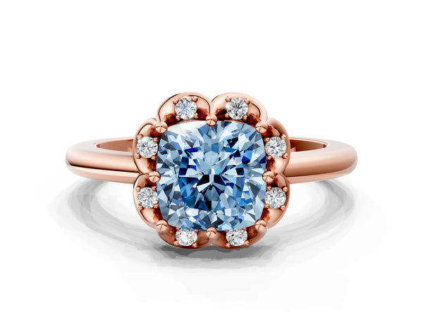 Rose gold Fancy Blue Cushion  Halo Diamond Ring with Round Cluster Setting, Solitaire Band, and Four-Prong Setting