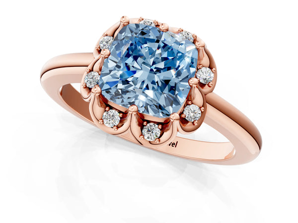 Rose gold Fancy Blue Cushion  Halo Diamond Ring with Round Cluster Setting, Solitaire Band, and Four-Prong Setting
