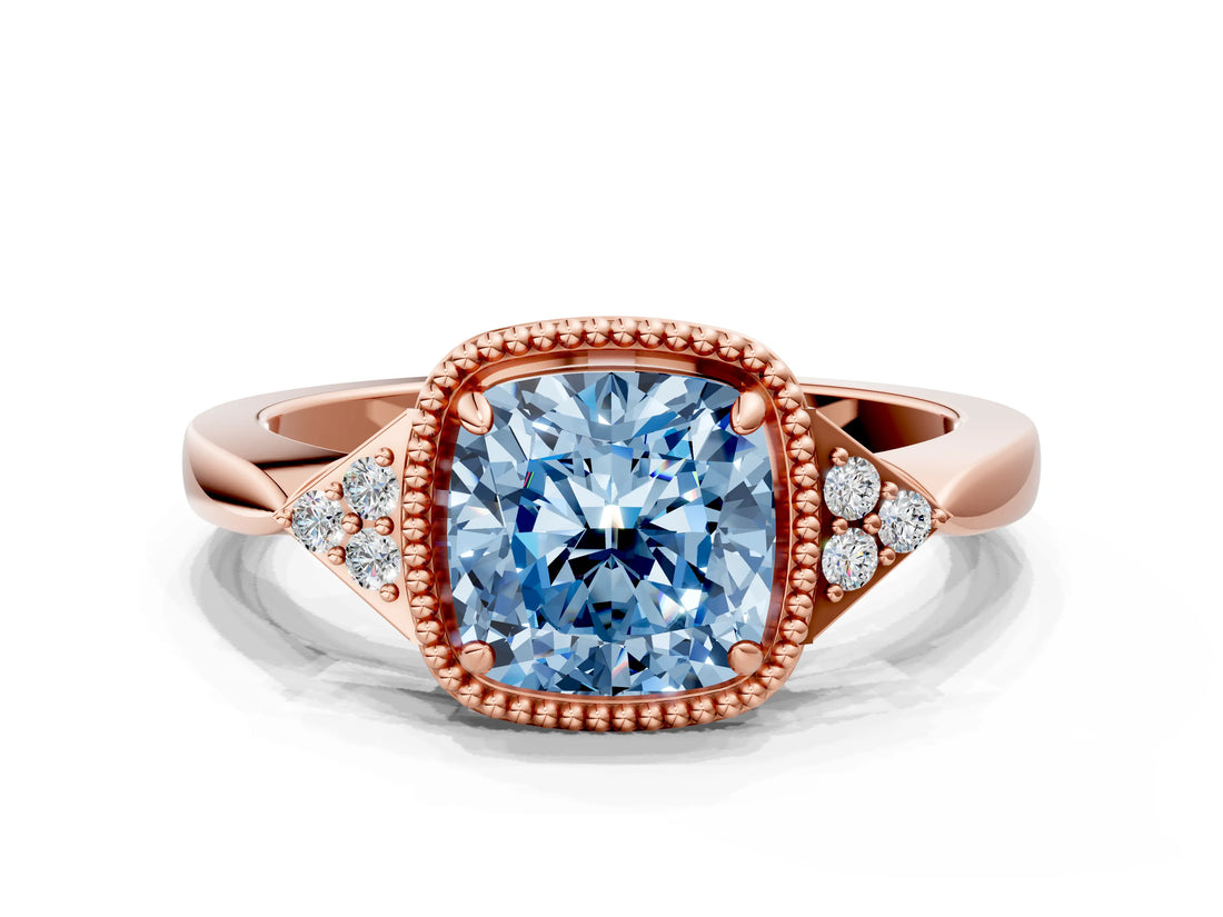 Rose gold Fancy Blue Cushion  Halo Diamond Ring with Tapered Band and Four-Prong Setting_3