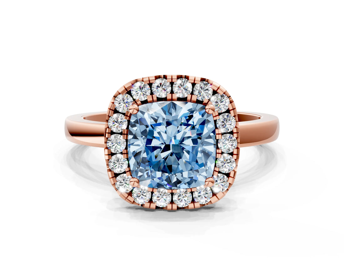 Rose gold Fancy Blue Cushion  Halo Diamond Solitaire with Pavé Band and Four-Prong Setting_114