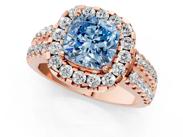 Rose gold Fancy Blue Cushion  Halo Diamond Split Shank Engagement Ring with Prong Setting