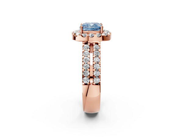 Rose gold Fancy Blue Cushion  Halo Diamond Split Shank Engagement Ring with Prong Setting