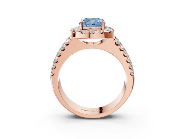 Rose gold Fancy Blue Cushion  Halo Diamond Split Shank Engagement Ring with Prong Setting