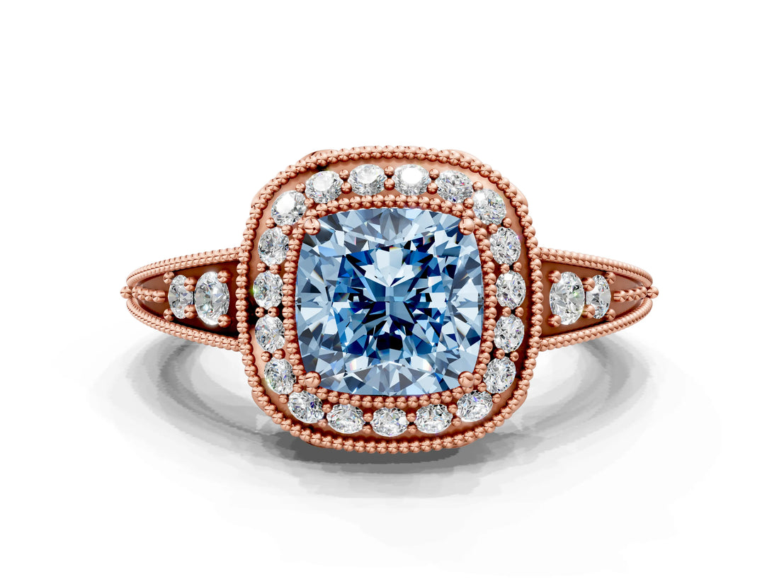 Rose gold Fancy Blue Cushion  Halo Diamond Split Shank Ring with Milgrain Detail_49