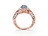 Rose gold Fancy Blue Cushion  Halo Diamond Split Shank Ring with Milgrain Detail_52