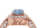 Rose gold Fancy Blue Cushion  Halo Diamond Split Shank Ring with Milgrain Detail_53