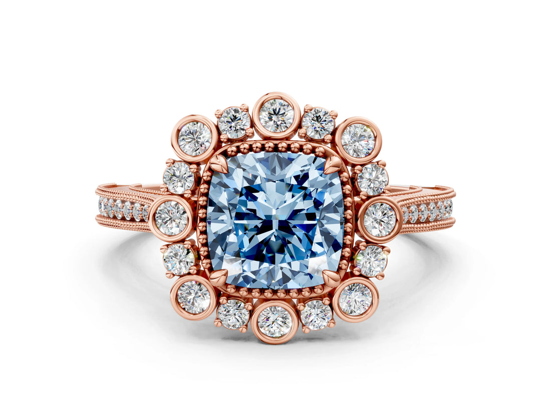 Rose gold Fancy Blue Cushion  Halo Milgrain Pave Diamond Ring with Four-Prong Setting