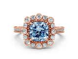 Rose gold Fancy Blue Cushion  Halo Milgrain Pave Diamond Ring with Four-Prong Setting