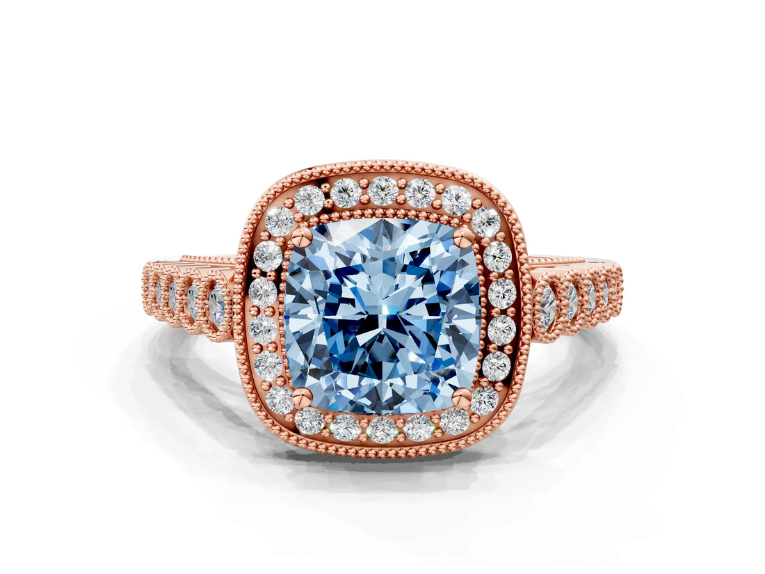 Rose gold Fancy Blue Cushion  Halo Milgrain Solitaire with Bezel Set Side Stones and Pave Band_33