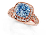 Rose gold Fancy Blue Cushion  Halo Milgrain Solitaire with Bezel Set Side Stones and Pave Band_34