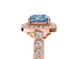 Rose gold Fancy Blue Cushion  Halo Milgrain Solitaire with Bezel Set Side Stones and Pave Band_38