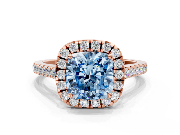 Rose gold Fancy Blue Cushion  Halo Pavé Diamond Engagement Ring with Four-Prong Setting