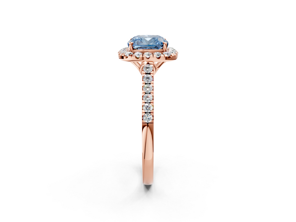 Rose gold Fancy Blue Cushion  Halo Pavé Diamond Engagement Ring with Four-Prong Setting